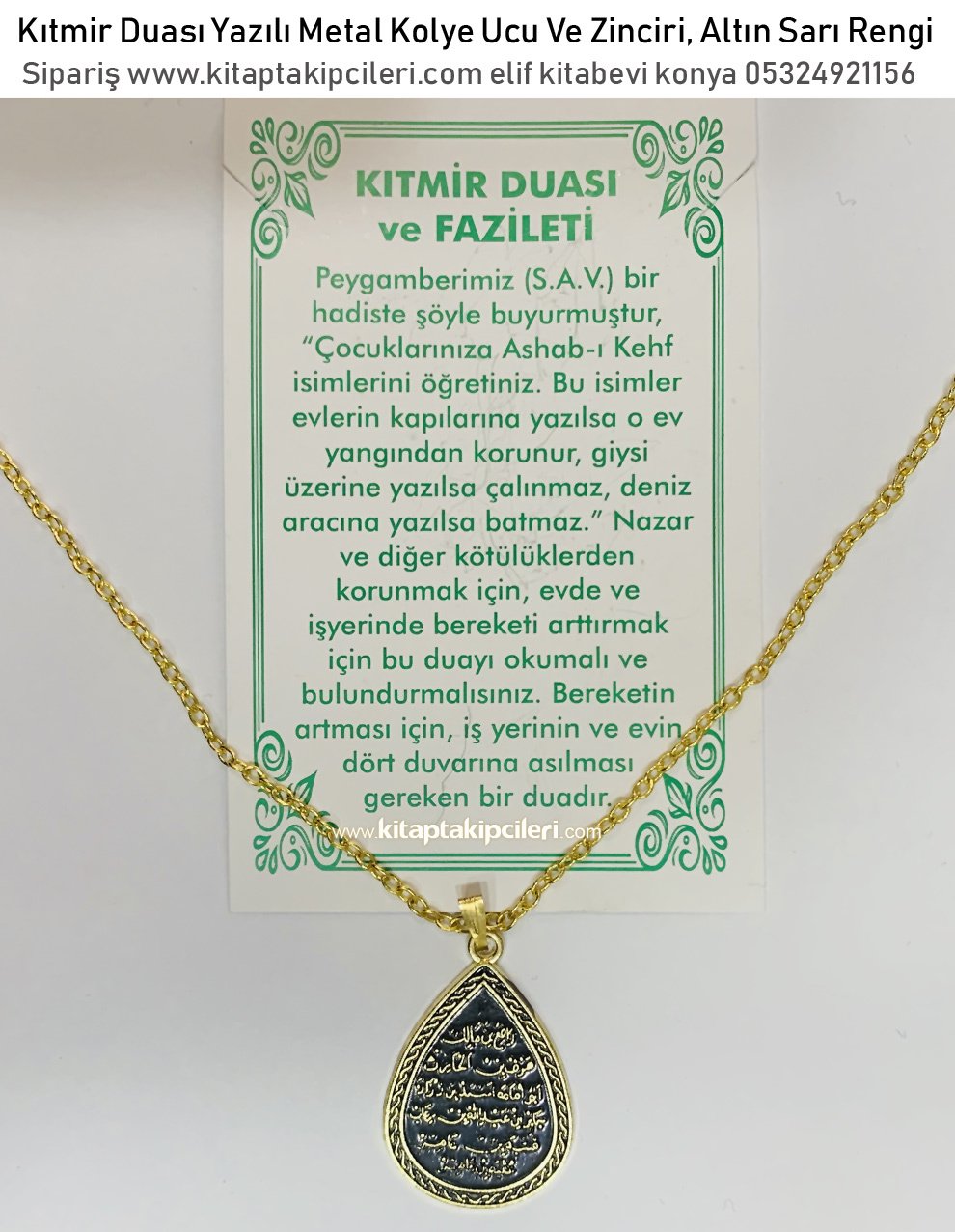 Ashabı Kehf İsimleri Kıtmir Duası Yazılı Metal Kolye Ucu Ve Zinciri, Altın Sarı Rengi