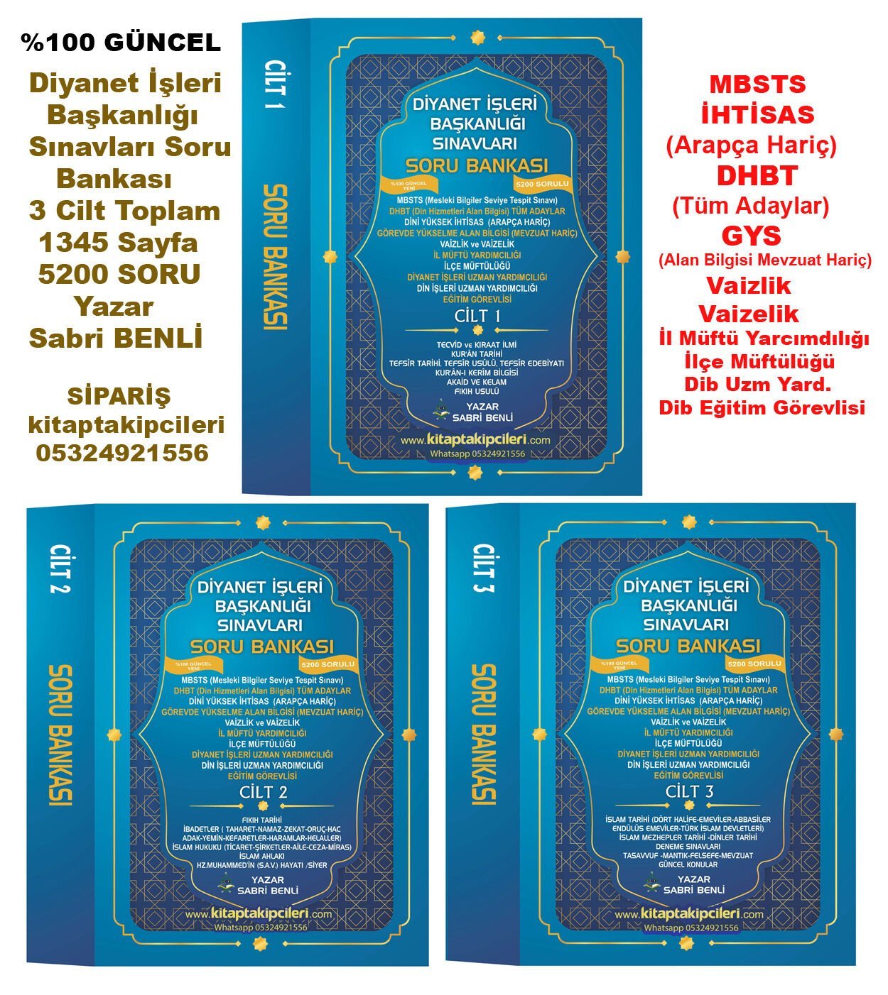 2026 Diyanet İşleri Başkanlığı Sınavları Soru Bankası, Mbsts, İhtisas (Arapça Hariç), Gys Alan Bilgisi, Dhbt Lisans Ve Tüm Adaylar, Diyanet Uzman Yardımcılığı, Vaizlik, İlçe Müftülüğü, 5.200 Sorulu, Sabri Benli, Toplam 1.345 Sayfa