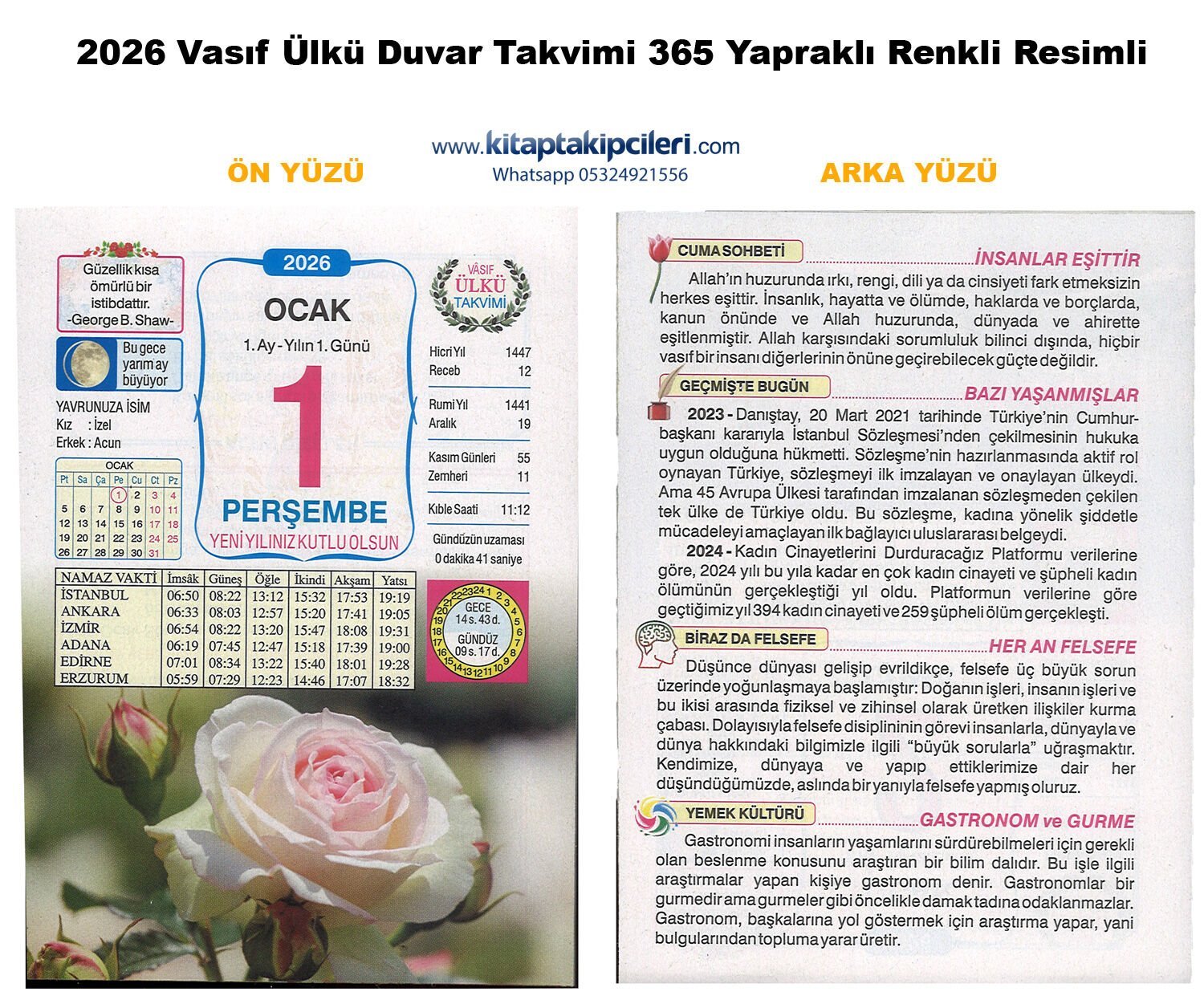 2026 ÜLKÜ Duvar Takvimi Vasıf 59. Yıl Yapraklı Renkli Resimli Kuşe Kağıt İstanbul Ankara İzmir Adana Edirne Erzurum Namaz Vakitli