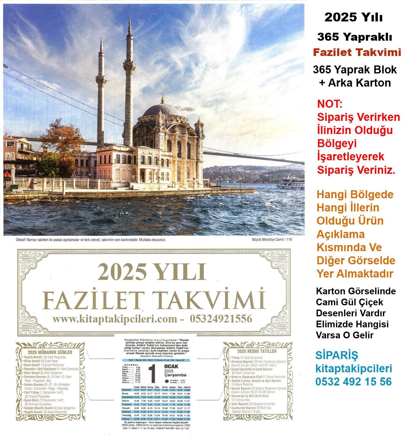 2025 Yılı FAZİLET TAKVİMİ Namaz Vakitli Yapraklı Duvar Takvimi 1 2 3 4 5 6 7 Bölge Seçenekli KARGO ÜCRETSİZ 6. Bölge