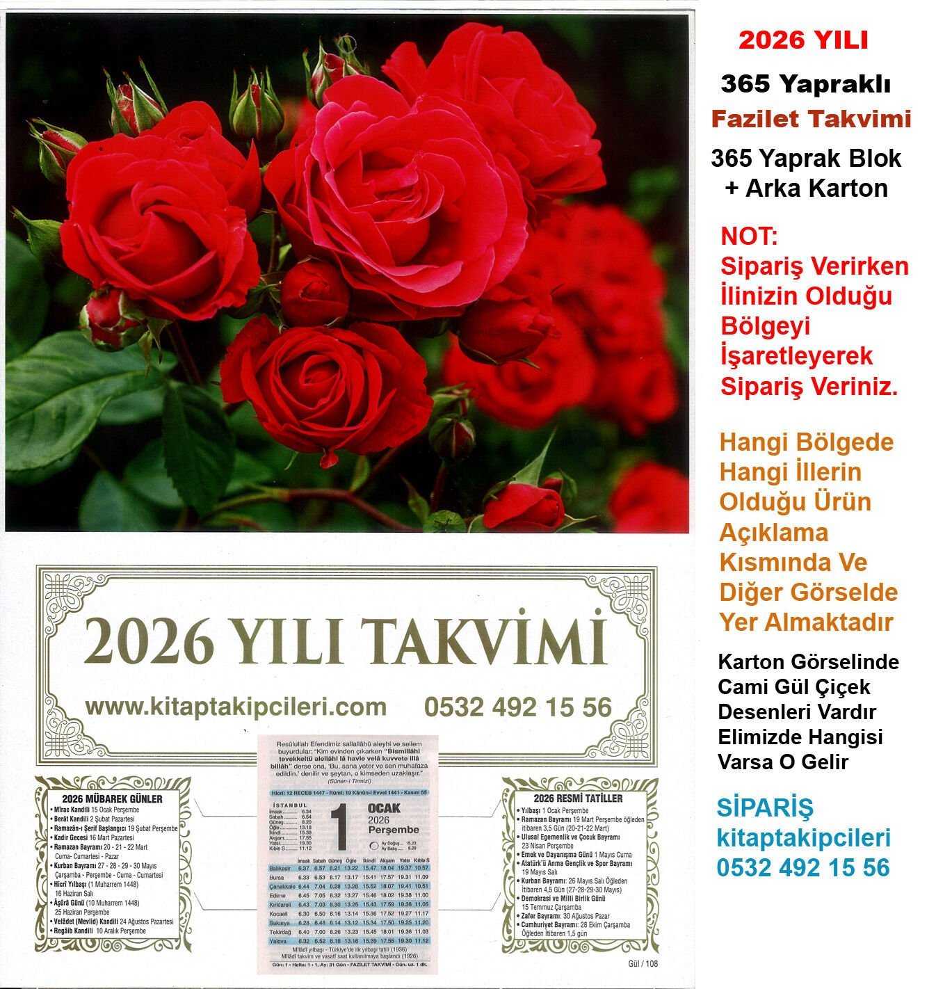 2026 Yılı FAZİLET TAKVİMİ Namaz Vakitli Yapraklı Duvar Takvimi 1 2 3 4 5 6 7 Bölge Seçenekli