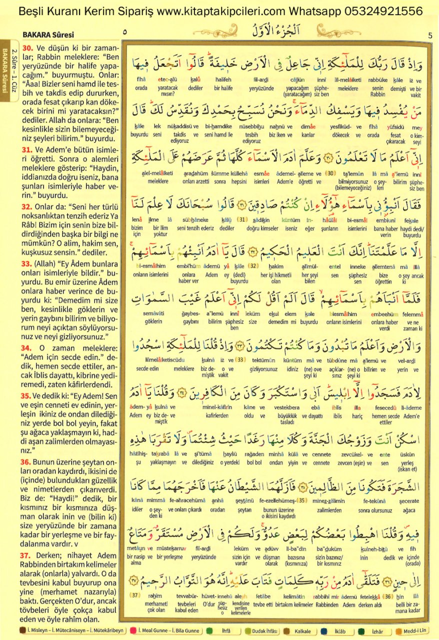 Beşli Kuranı Kerim, Satır Arası Türkçe Okunuşlu Kelime Meali Renkli Tecvidli, Elmalılı Hamdi Yazır, 5'li Cami Boy 25x35 cm