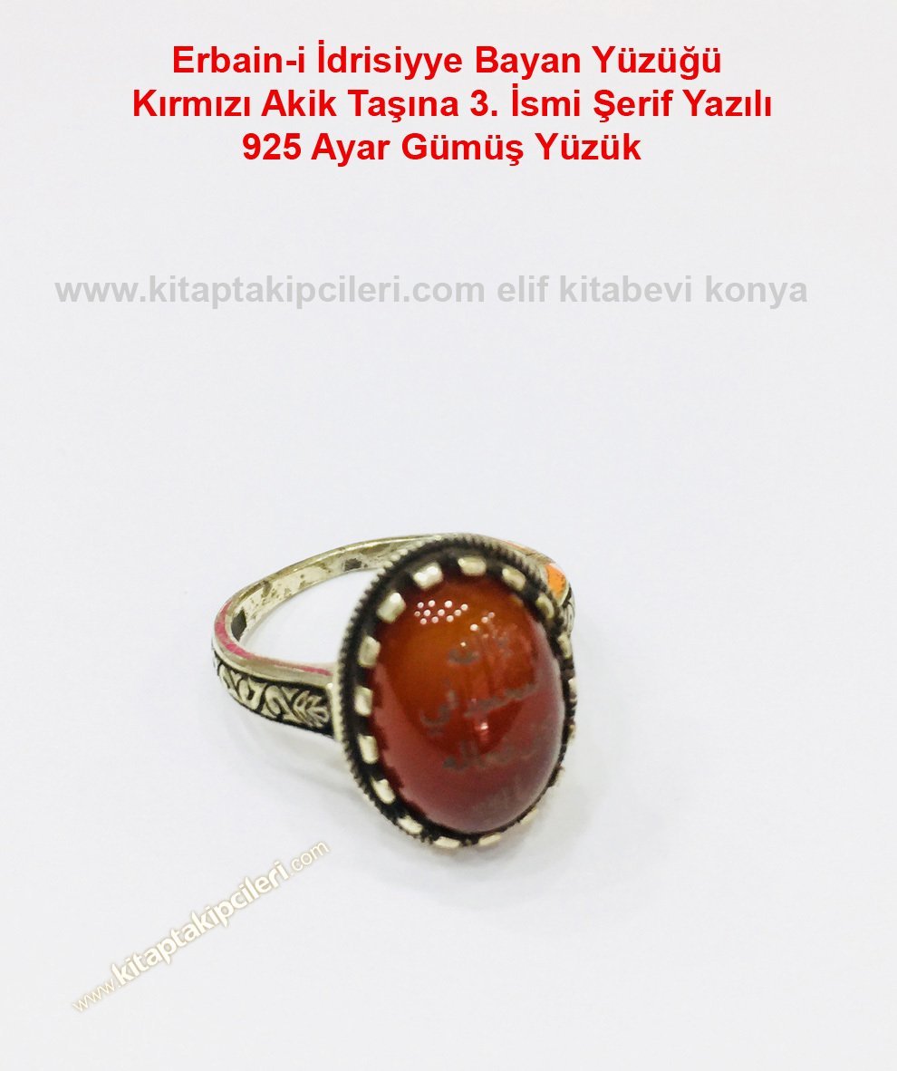 Erbaini İdrisiyye Bayan Yüzüğü, 3. İsmi Şerif Kırmızı Akik Taşına Yazılı 925 Ayar Gümüş Yüzük