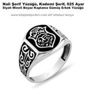 Nali Şerif Yüzüğü, Kademi Şerif, 925 Ayar Siyah Mineli Beyaz Kaplama Gümüş Erkek Yüzüğü