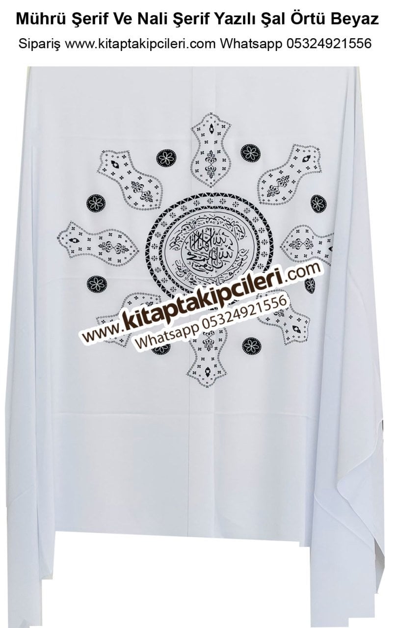 Nali Şerif ve Mührü Şerif Baskılı Şal Örtü Beyaz Renk ŞİFON KUMAŞ
