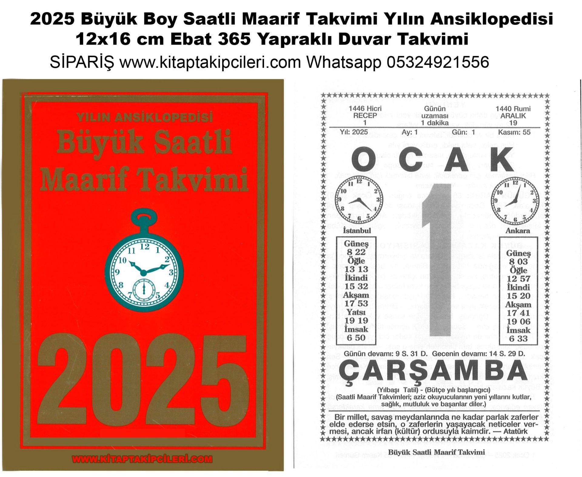 2025 Büyük Boy Saatli Maarif Takvimi Yılın Ansiklopedisi 12x16 cm Ebat Yapraklı Duvar Takvimi