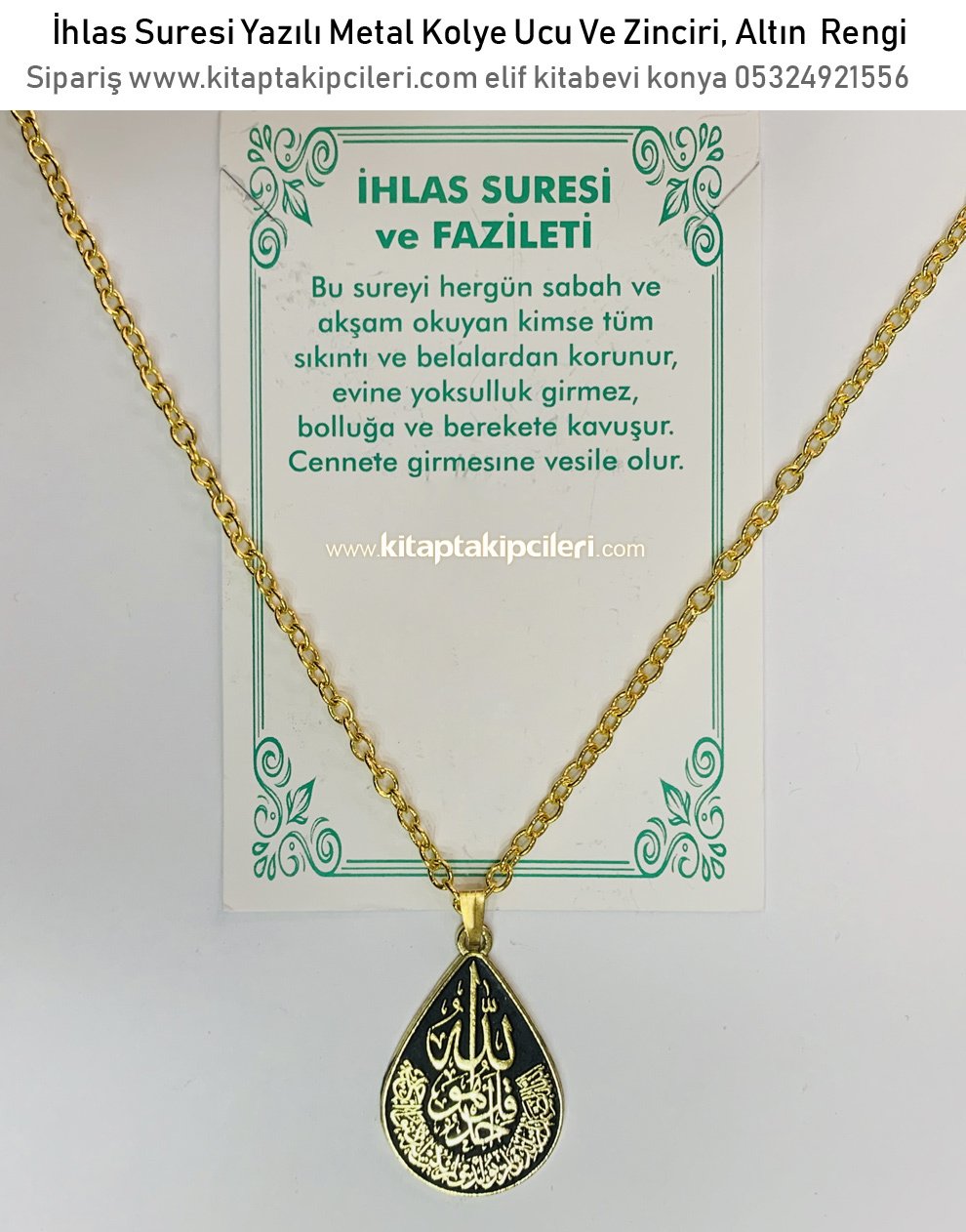 İhlas Suresi Yazılı Metal Kolye Ucu Ve Zinciri, Altın Sarısı Rengi