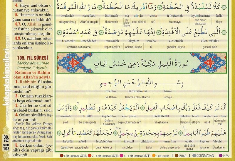 Kuranı Kerim ve Satır Arası Türkçe Okunuşlu Kelime Meali Renkli Tecvidli Elmalılı Beşli Cami Boy